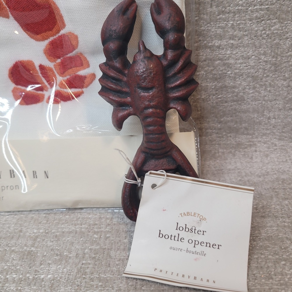 Pottery Barn Lobster Feast Apron Embroidered w Lobster Bottle Opener Both NEW - Picture 2 of 8